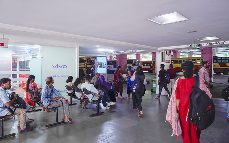 Digital advertising screens inside a KSRTC bus terminal