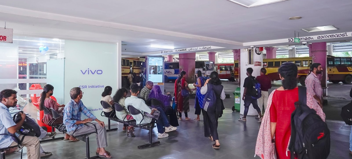 Digital advertising screens inside a KSRTC bus terminal